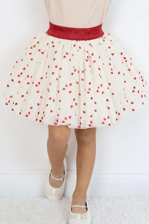 Kız Çocuk Tütü Etek Simli Kalp Desenli Beli Lastikli 5-10 Yaş, Ekru
