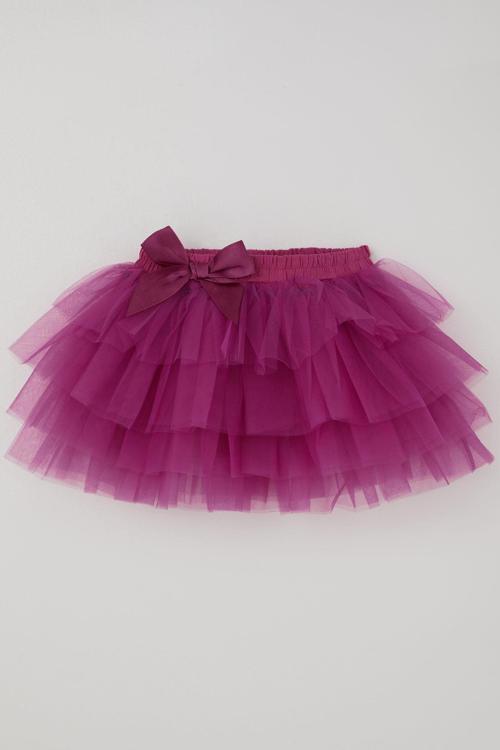 Kız Çocuk Tütü Etek Tül Detaylı Katlı Fiyonk Aksesuarlı 4-8 Yaş, Fuşya