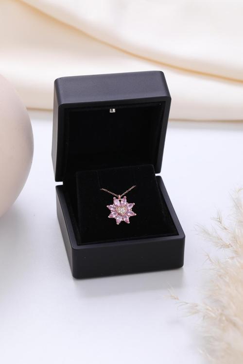 Işıklı Kolye Kutulu Gümüş Kalpli Lotus Çiçeği Kolye | 925 Ayar Gümüş Kolye