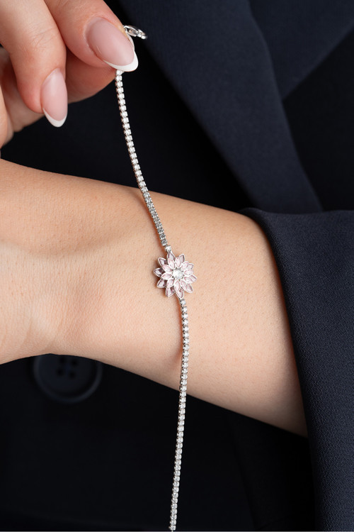 925 Ayar Gümüş Pembe Taşlı Lotus Su Yolu Bileklik