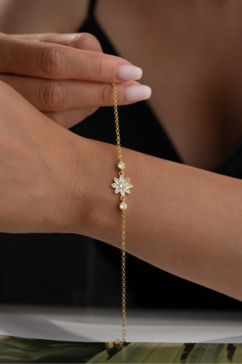 925 Ayar Gümüş Altın Kaplama Lotus Bileklik
