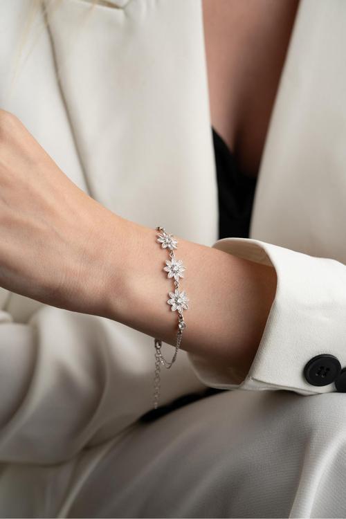 925 Ayar Gümüş Beyaz Taşlı 3'Lü Lotus Bileklik