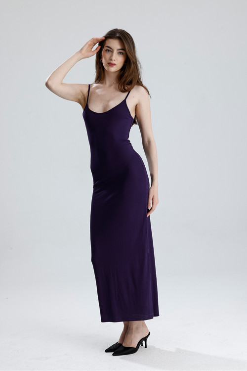 Yırtmaçlı Askılı Likralı Viskon Elbise | Elb35782 Mor