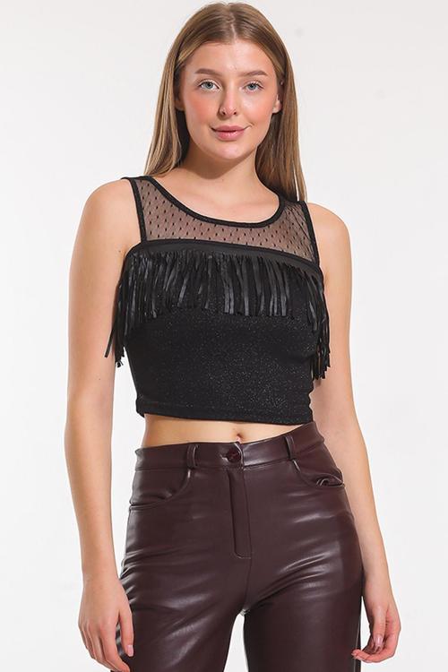 Kısa Kollu Kolları Ve Onu Tul Garnılı Puskullu Bluz | Blz31220 Siyah