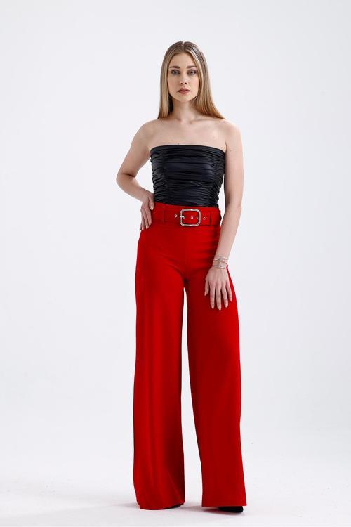 Yanları Kumaş Kaplama Kemerli İspanyol Paça Scuba Krep Pantolon | Pnt33393 Koyu Kırmızı