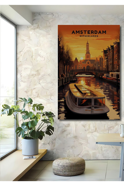 Amsterdam Kanalları Dekoratif Ahşap Mdf Ev/İşyeri Duvar Tablo Dikdörtgen Ev/İşyeri Duvar Tablo