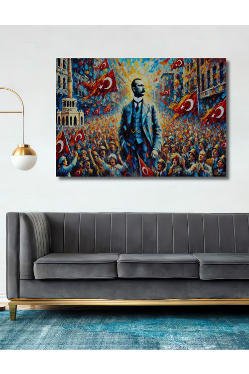 Atatürk Yağlı Boya Görünümlü Ahşap Mdf Dekoratif Dikdörtgen Ev,İşyeri Duvar Tablo