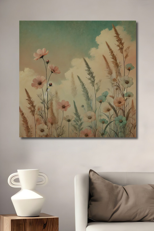 Pastel Çiçekler Ahşap Mdf Dekoratif Dikdörtgen Ev,İşyeri Duvar Tablo