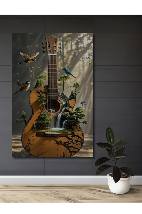 Doğa Kuşlar Gitar Dekoratif Ahşap Mdf Dikdörtgen Ev,İşyeri Duvar Tablo