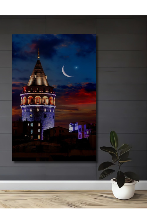Galata Kulesi Gece Manzarası Dekoratif Ahşap Mdf Dikdörtgen Ev,İş Yeri Duvar Tablo