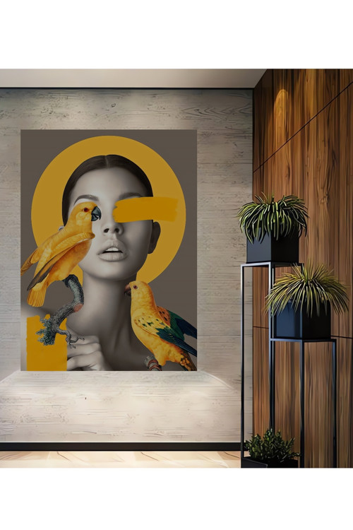 Sarı Papağanlı Modern Sanat Dekoratif Ahşap Mdf Dikdörtgen Ev,İşyeri Duvar Tablo