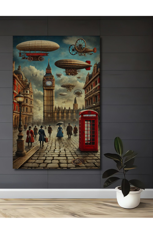 Big Ben Ve Zeplinlerle Londra Sokakları Retro Dekoratif Ahşap Dikdörtgen Ev,İşyeri Duvar Tablo