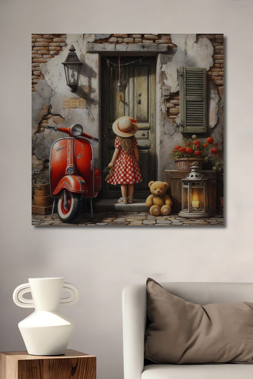 Kırmızı Vespa Romantik Anı Ahşap Mdf Dekoratif Dikdörtgen Ev,İşyeri Duvar Tablo