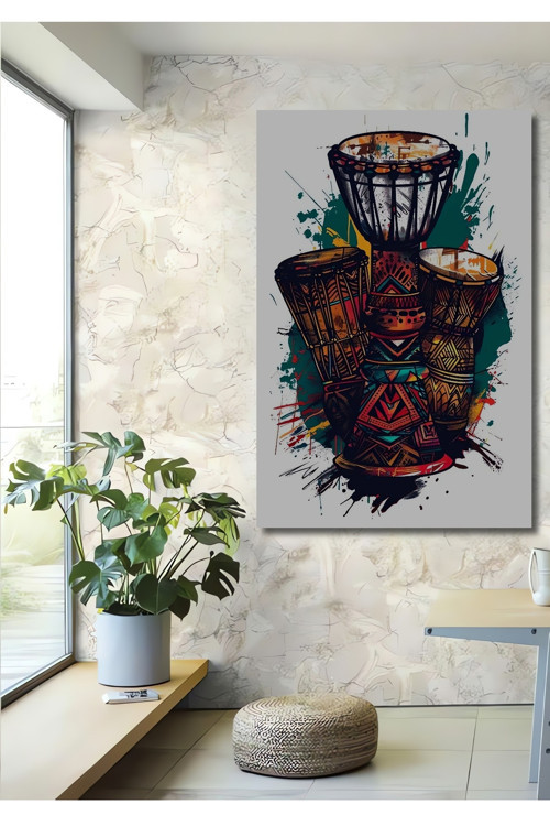 Etnik Davul Soyut Sanat Ahşap Mdf Dekoratif Dikdörtgen Ev,İşyeri Duvar Tablo