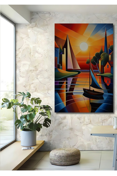 Soyut Güneş Batımı Manzarası Yelkenli Modern Sanat Ahşap Mdf Dekoratif Dikdörtgen Tablo