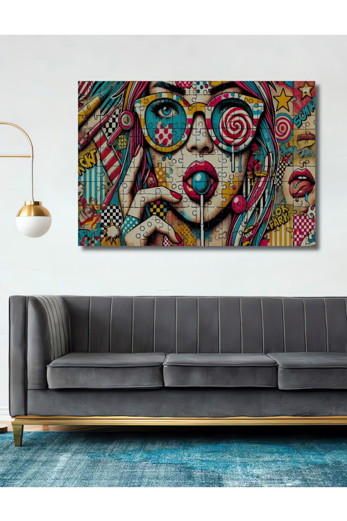 Renkli Pop Art Kadın Portresi Dekoratif Ahşap Mdf Dikdörtgen Ev,İşyeri Duvar Tablo