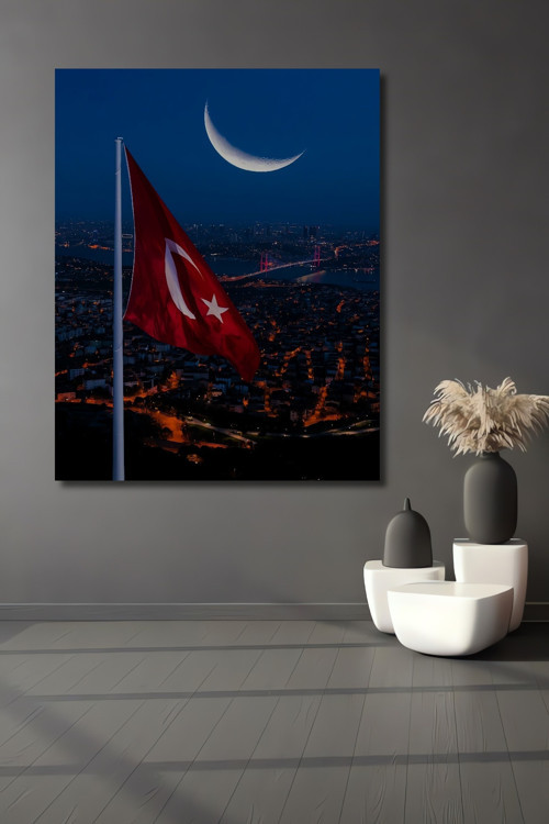 Türk Bayrağı Boğaz Manzarası Ahşap Mdf Dekoratif Dikdörtgen Ev,İşyeri Duvar Tablo