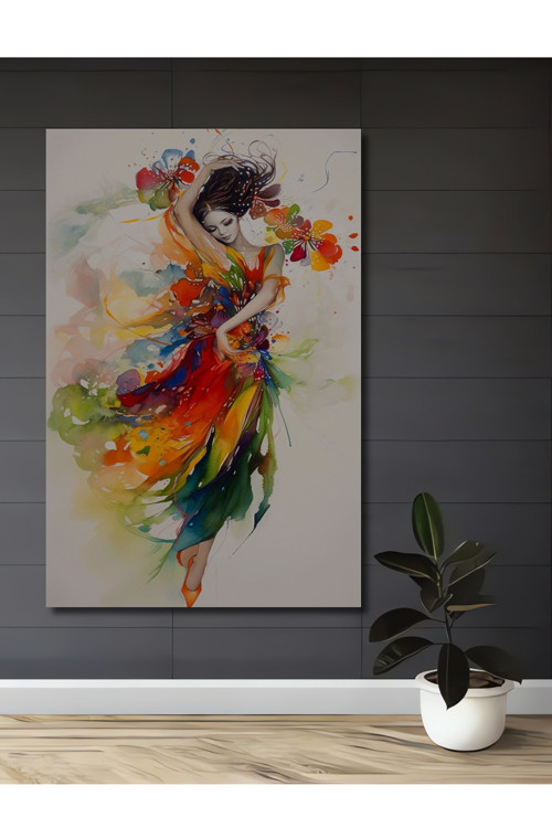 Renkli Dansçı Modern Sanat Sulu Boya Görünümlü Ahşap Dekoratif Dikdörtgen Ev,İşyeri Duvar Tablo