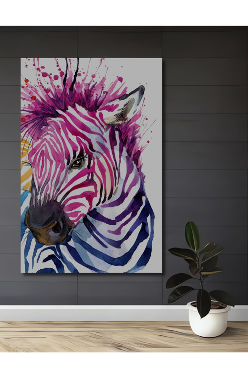 Renkli Zebra Portresi Yağlı Boya Görünümlü Dekoratif Ahşap Dikdörtgen Ev,İşyeri Duvar Tablo