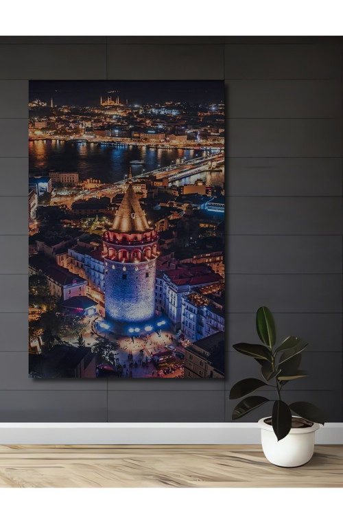 Galata Kulesi Gece Manzarası Ahşap Mdf Dekoratif Dikdörtgen Ev,İşyeri Duvar Tablo