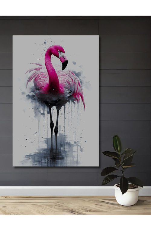 Pembe Flamingo Sulu Boya Görünümlü Dekoratif Ahşap Dikdörtgen Ev,İşyeri Duvar Tablo