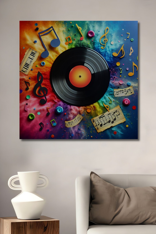 Renkli Plak Müzik Temalı Dekoratif Ahşap Mdf Dikdörtgen Ev,İşyeri Duvar Tablo