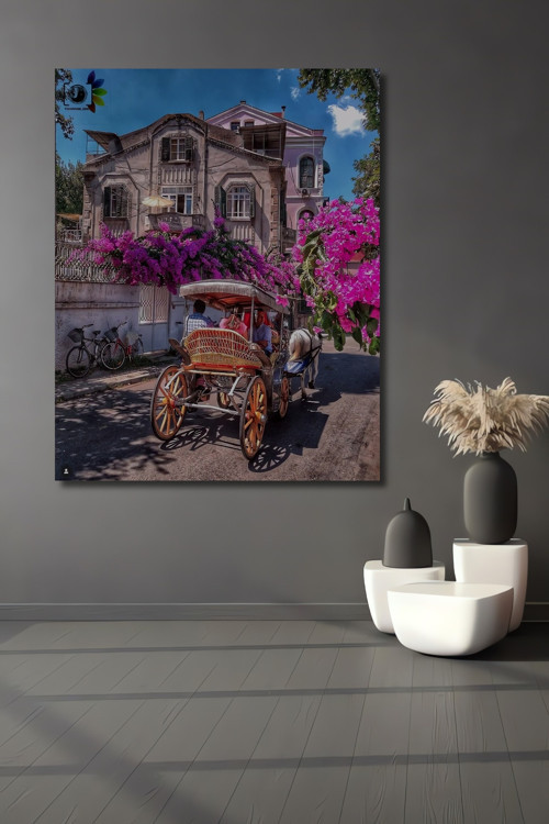 Büyükada Fayton Çiçekli Sokak Ahşap Mdf Dekoratif Dikdörtgen Ev,İşyeri Duvar Tablo