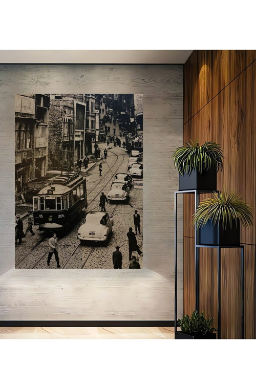 İstanbul Nostaljik Tramvay Siyah Beyaz Ahşap Dekoratif Dikdörtgen Ev,İşyeri Duvar Tablo