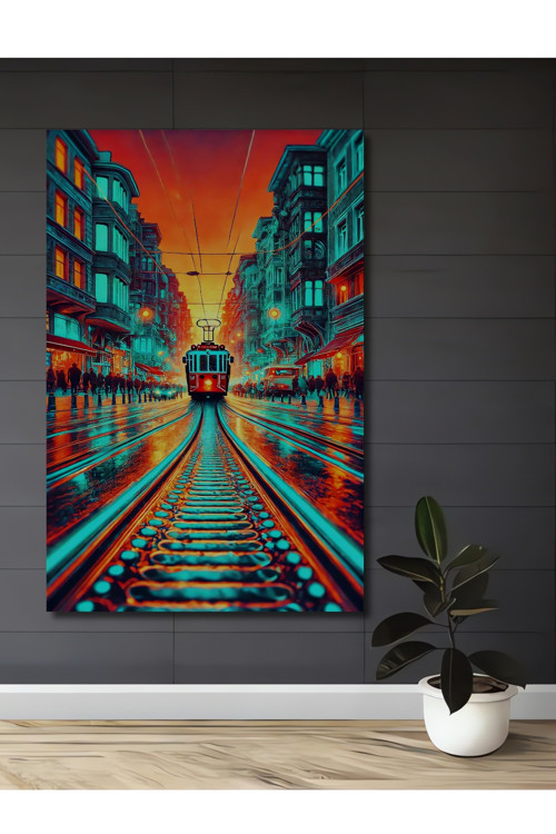 Nostaljik Tramvay Yağlı Boya Görünümlü Dekoratif Ahşap Dikdörtgen Ev,İşyeri Duvar Tablo