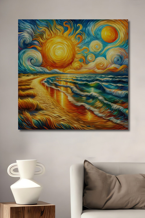 Van Gogh Tarzı Güneşli Deniz Dekoratif Ahşap Mdf Dikdörtgen Ev,İşyeri Duvar Tablo