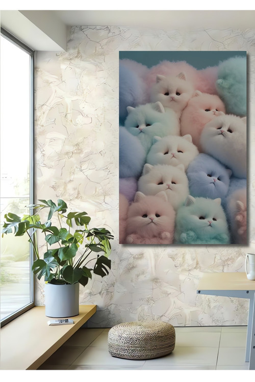 Pastel Renkli Tüylü Kedi Dekoratif Ahşap Mdf Dikdörtgen Ev,İşyeri Duvar Tablo