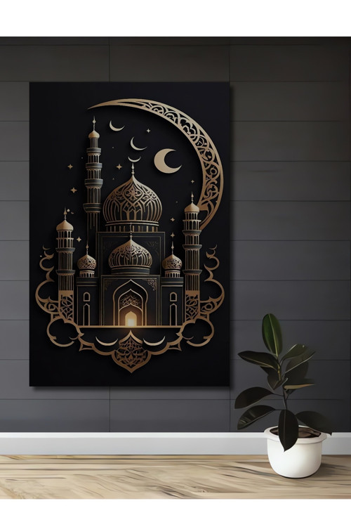 İslam Mimarisi Gece Manzarası Ahşap Mdf Dekoratif Dikdörtgen Ev,İşyeri Duvar Tablo