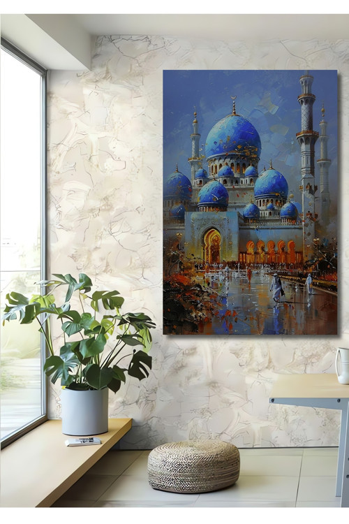 Mavi Kubbe Camii Yağlı Boya Görünümlü Dekoratif Ahşap Dikdörtgen Ev,İşyeri Duvar Tablo