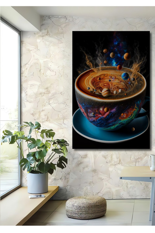 Gezegenlerle Galaktik Kahve Fantastik Modern Sanat Ahşap Mdf Dekoratif Dikdörtgen Tablo