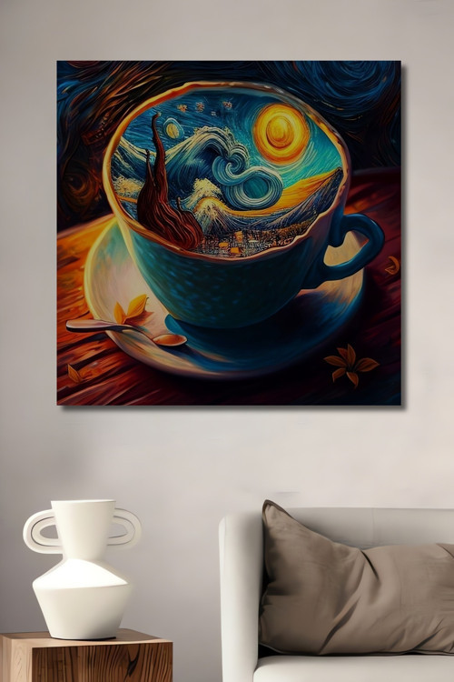 Van Gogh İlhamlı Fincan Manzara Yağlı Boya Dekoratif Ahşap Dikdörtgen Ev,İşyeri Duvar Tablo