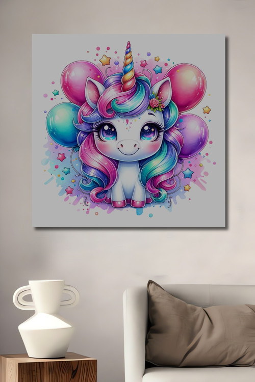 Sevimli Unicorn Yağlı Boya Görünümlü Dekoratif Ahşap Dikdörtgen Ev,İşyeri Duvar Tablo