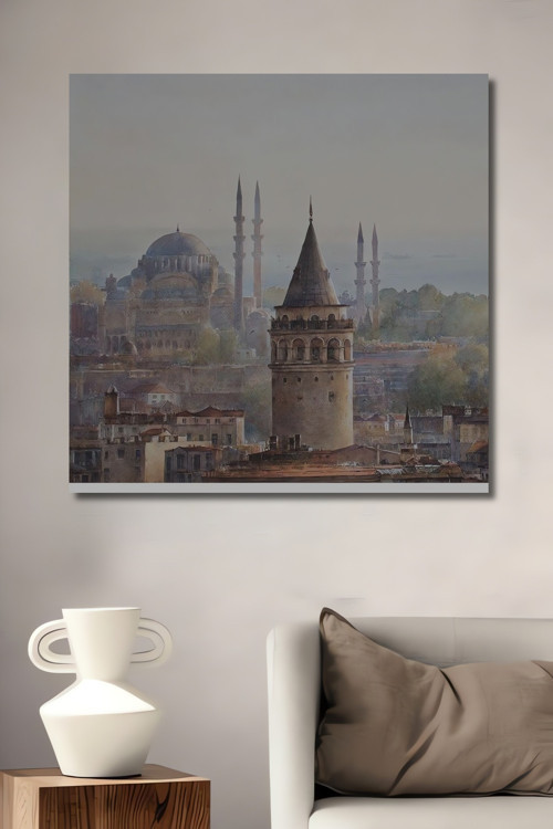 Galata Kulesi Ve Ayasofya Manzaralı Dekoratif Ahşap Dikdörtgen Ev,İşyeri Duvar Tablo