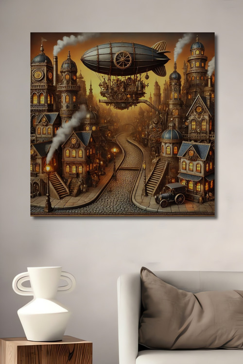 Steampunk Şehir Manzarası Dekoratif Ahşap Mdf Dikdörtgen Ev,İşyeri Duvar Tablo