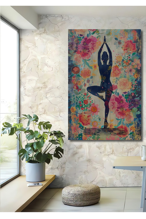 Yoga Pozu Çiçeklerle Ahşap Mdf Dekoratif Dikdörtgen Ev,İşyeri Duvar Tablo