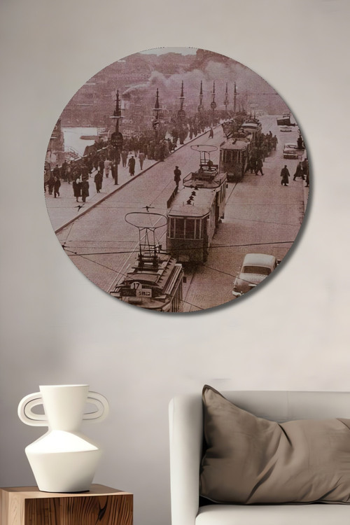 Tarihi İstanbul Manzarası Siyah Beyaz Ahşap Dekoratif Yuvarlak Ev,İşyeri Duvar Tablo
