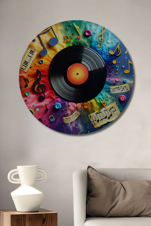 Renkli Plak Müzik Temalı Dekoratif Ahşap Mdf Yuvarlak Ev,İşyeri Duvar Tablo