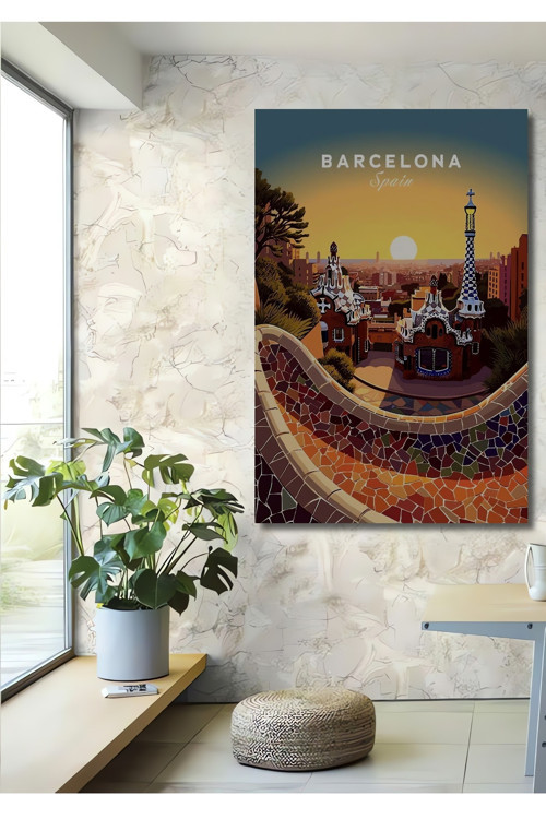 Barcelona Park Güell İllüstrasyon Dekoratif Ahşap Dikdörtgen Ev,İşyeri Duvar Tablo