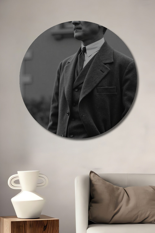 Atatürk Siyah Beyaz Dekoratif Ahşap Mdf Yuvarlak Ev,İşyeri Duvar Tablo