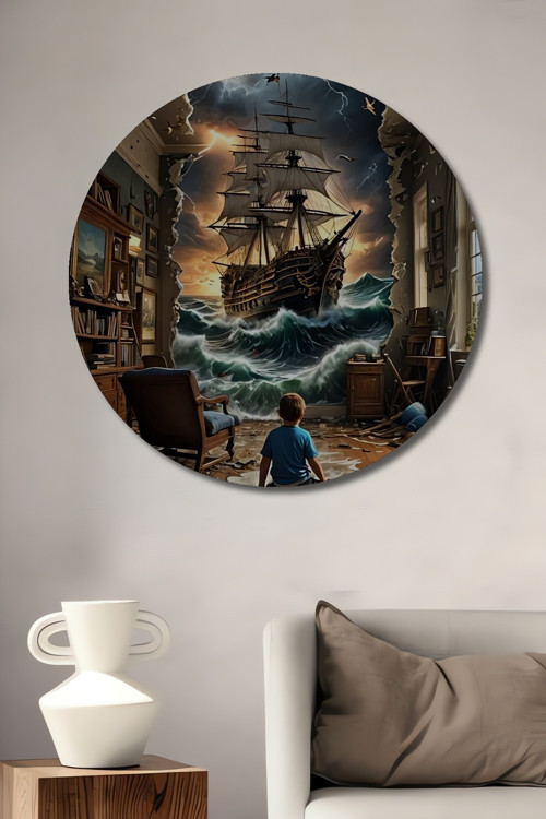 Fırtına Gemisi Modern Sanat Dekoratif Ahşap Mdf Yuvarlak Ev,İşyeri Duvar Tablo