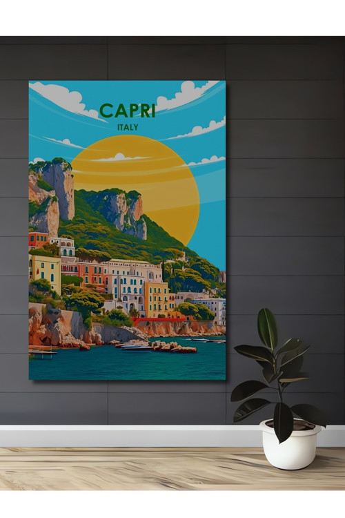 Capri İtalya Renkli Manzara Dekoratif Ahşap Mdf Dikdörtgen Ev,İşyeri Duvar Tablo