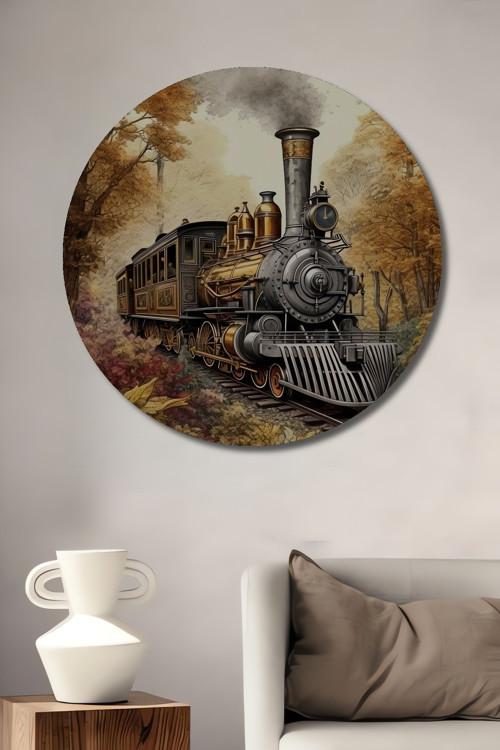 Buharlı Tren Nostaljisi Dekoratif Ahşap Mdf Yuvarlak Ev,İşyeri Duvar Tablo