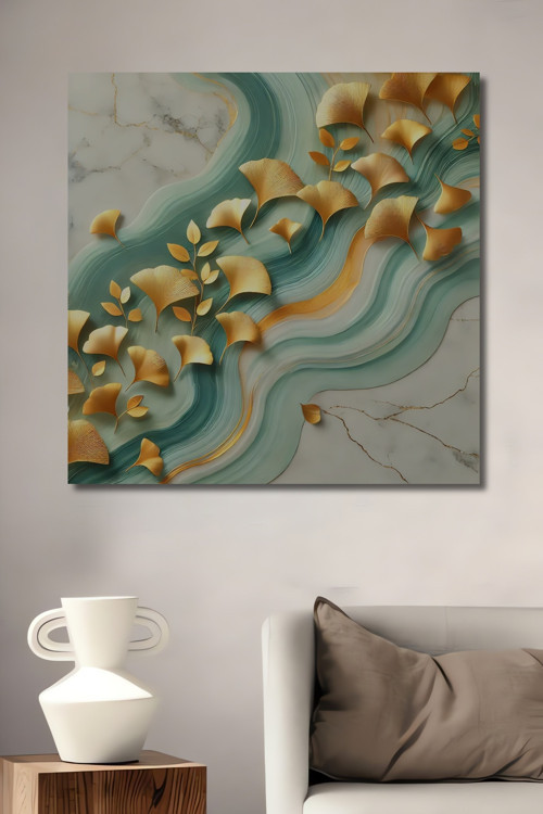 Altın Yapraklı Modern Soyut Sanat Ahşap Mdf Dekoratif Dikdörtgen Ev,İşyeri Duvar Tablo