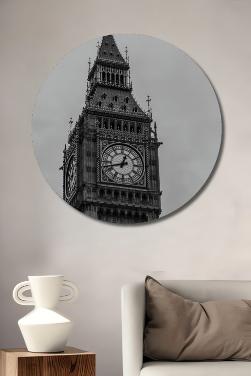 Big Ben Siyah Beyaz Ahşap Mdf Dekoratif Yuvarlak Ev,İşyeri Duvar Tablo
