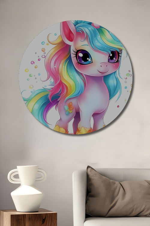 Renkli Unicorn Çizimi Dekoratif Ahşap Mdf Yuvarlak Ev,İşyeri Duvar Tablo