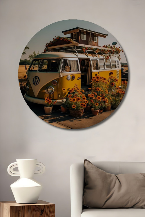 Nostaljik Çiçekli Karavan Ahşap Mdf Dekoratif Yuvarlak Ev,İşyeri Duvar Tablo